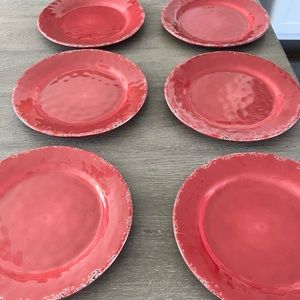 Set of 6, melamine Dinner plates. Red with speckled rims.